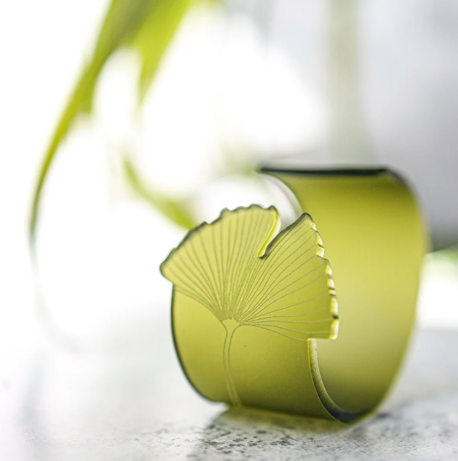 Sculptural Cuff With Etched Ginkgo Leaf Detail In Frosted Olive