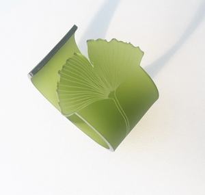 Sculptural Cuff With Etched Ginkgo Leaf Detail In Frosted Olive